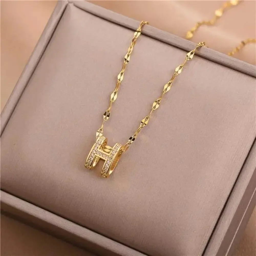 18K Gold Plated “H” Pave Rhinestone Pendant Necklace